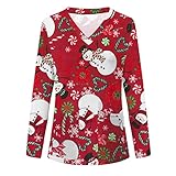 Kasack Damen Pflege Bunt mit Motiv Weihnachten T-Shirt Schlupfkasack mit Taschen Lange Ärmel V-Ausschnitt Schlupfhemd Berufskleidung Krankenpfleger Uniformen N