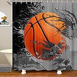 Basketball Sport Duschvorhang, Orange Basketball Print Badevorhang, Grau Graffiti Malerei Mikrofaser Wasserdichtes Gewebe Mit Haken Für Boxen Badewannen Badezimmer, 72Wx78L Z