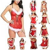 Sexy Dessous für Frauen Naughty Christmas Sexy Dessous Babydoll Set Hollow Lace Dress Cosplay Outfit Tanga Set Nachthemd, rot (a), 42