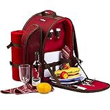Apollowalker, roter Picknickrucksack für 2 Personen, Korb mit Kühltasche, inkl. Geschirr und Fleece-Deck