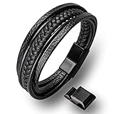 HOOF | Herren Armband Echt-Leder | Armreif geflochten | Magnetverschluss Edelstahl | Edle Box Schmuckschachtel Etui| Geschenkidee Männer, Freunde, Wikinger, Vater, Partner B1 | Schwarz, 21cm - 22