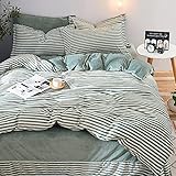 Michorinee Bettwäsche Plüsch 135x200 cm 4teilig Warm Winter Flauschig Fleece Cashmere Touch Bettbezug Modern Grün Weiß Gestreift Flausch Winterbettwäsche Set mit Reiß