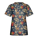 Damen Krankenhaus Krankenpfleger Kasacks Weihnachten Drucken Nurse Bluse Kurzarm V-Ausschnitt Arzt Oberteile Tops Casual Krankenschwester Arbeitsuniform Pflege Uniform Schlupfjacke Sw