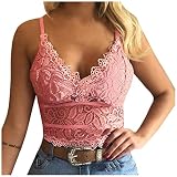 Spaghettiträger-Top-Damen: V-Ausschnitt Damen Oberteile Camisole Push Up Shirt Spitzenstickerei Schulterfrei Chic Basic Crop Tops Bandage Sexy Täglich Vest W