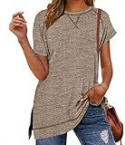Nekosi Damen Seite Split Tunika Rundhals Kurzarm T-Shirt lässig lose Tops Braun M
