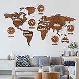 3D Holz Weltkarte mit Uhren Set Braun in Mahagoni Optik 190x120 cm MDF Weltzeituhren Wanduhren Holzbild Kontinente Länder Boho Deko W