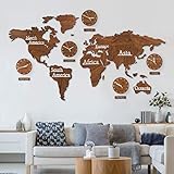 3D Holz Weltkarte mit Uhren Set Braun in Mahagoni Optik 190x120 cm MDF Weltzeituhren Wanduhren Holzbild Kontinente Länder Boho Deko W