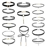 15 Stück Choker Halsketten Set Gummi Halsband Tattoo-Kette Schmuck-Sets,Verstellbare Gothic Tattoo Spitze Choker Ketten Stretch Samt Classic für Frauen Mädchen, Weihnachten/Geburtstag/Party/H