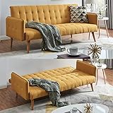 Sofa-Möbel im skandinavischen Stil, modern, senffgelb, bequem, 3-Sitzer, klappbar, Klick-Klack-Sofa, Bett, Stoffkissen, Sofakissen, Sofa, Couch, Massivholzfüße, modische Paspelierung
