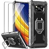 IMBZBK Kompatibel mit Xiaomi Poco X3 Pro/Poco X3 NFC Hülle + [2 Stück] Panzerglas Schutzfolie, [360 Grad Drehung Fingerring Ständer] [Military Grade Schutz] Silikon weiches TPU-Gehäuse-Schw