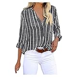 Damen Sommer T-Shirt Einfarbig Casual Tops Rundhals Kurzarm Oberteile, Langarm Revers Gestreiftes Geknöpftes Freizeithemd, Kurz Shirts Mode Schick Lose Bluse Knöpfen Tunik