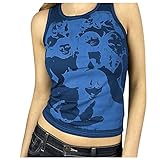 Damen Vintage Graphic Print Tops Ärmelloses T-Shirt Retro Harajuku Oberteile Aesthetic Slim Tee Tops mit Rundhalsausschnitt Sommer Basic Shirt Teenager Mädchen Damen Tops Streetwear T