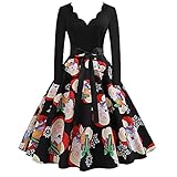 Weihnachtskleid Damen Weihnachts Langarm V-Ausschnitt Druck Vintage Kleid Partykleid Christmas Kostüm Cosplay Frauen Christmas Print Langarm 50er Jahre Kleid Weihnachtsmann Print Party Swing