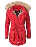 MARIKOO Damen Wintermantel Winter Parka mit abnehmbarem Kunstfell Grinsekatze Rot Gr. L
