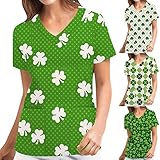 Kasacks Damen St. Patricks Day Kleeblatt Print Tunika Damen Medizinisches Niedlich Uniform Arbeitskleidung Kasacks T-Shirt Sommer Tops Berufsbekleidung Frauen Große Größen Bunt Top