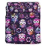 Lymnaraa Mighty Owl Bettbezug-Set, 4-teilig, mit tiefen Taschen, komfortabel, bedrucktes Blumenmuster, 2 Kissenbezüge, Spannbettlaken und Bettbezug, 228 x 264 cm, Weiß