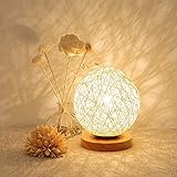 Rattan Nachttischlampe Kugel Holz Rattan LED Tischlampe LED Dekorative Nachttischlampe mit Steuertaste Schalten und USB-Ladegerät für Schlafzimmer Dekor Stimmung Licht (Weiß)