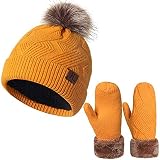 2-teiliges Damen-Wintermützen-Set, Schnee-Strick, Schädelkappe, verdicktes Fleece-Futter, Skimütze, warme Fäustlinge für Mädchen, kaltes Wetter, gelb, Groß