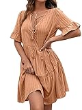 Damen-Kleid, kurzärmelig, lockeres Kleid mit A-Linien-Version, einfacher Stil, einfarbig, V-Ausschnitt, Sommerkleidung Gr. Medium, Orang