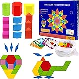 Diealles Shine 155 Stücke Holzpuzzles Geometrische Formen Puzzle, Holzmuster Blöcke Montessori Lernspielzeug mit 24 Design Karten fü