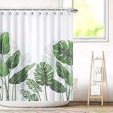 Aitsite Duschvorhang Bananenblätter Pflanzen Badezimmer grüne Textil Vorhang Antischimmel Effekt Blumen waschbar Shower Curtain Badewanne inkl. 12 C-Ringe Gewicht unten 180x180(BxH)