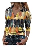 MOCEAL T-Shirt Damen V-Ausschnitt Color Block Top Casual Langarm/Kurzarm Top (Gelb, XL)