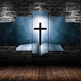 WDXXF Jesus christliches Kreuz Wandbilder Leinwand Bilder Poster Leinwandbild 5 Teilig HD Leinwanddrucke Kunstdruck Modern Wanddekoration Design Wand.(Mit Rahmen 150x80 cm)