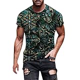 Julhold Herren Top Kurzarm T-Shirt Frühling Sommer Lässig O Neck 3D Digitaler Grafikdruck Bluse Regular Fit Strandhemden(01 Grün,M)