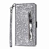 Homikon PU Leder Hülle Schön Bling Glänzend Glitzer Schutzhülle Brieftasche Ledertasche Bookstyle Lanyard Zipper-Funktion Handyhülle Lederhülle Etui Kompatibel mit Samsung Galaxy S6 - Silb