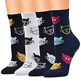 XIMIXI 4 Paar niedliche Damen-Socken, Baumwolle, Katzenmuster, Crew-Socken für Damen, Größe 37-42 (Mehrfarbig)