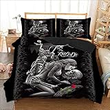 WONGS BEDDING Bettwäsche 135x200 Totenkopf Bettwäsche 2teilig Mikrofaser Schwarz Bettbezug Gothic Bettdecke Skull Motiv Bettwäsche mit Reißverschluss und Kissenbezug 50x75