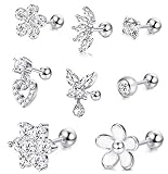 CASSIECAR 8 Stücke 16G Edelstahl Silber Ohrknorpel Ohrringe für Damen Mädchen Tragus Helix Ohrring Niedlich Blume Schmetterling Herz Conch Tragus Helix Piercing Schmuck Ohrringe Hypoallerg