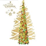 EEX Künstlicher Weihnachtsbaum, zusammenklappbar, Lametta, 1,5 m, mit Ständer, Pailletten-Stiftbaum für Wohnung, Zuhause, Büro, Geschäft, Urlaub, Dekorationen (Gold)