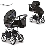 13 teiliges Qualitäts-Kinderwagenset 3 in 1 Mikado 'COSMO': Kinderwagen + Buggy + Schwenkräder - Mega-Ausstattung - all inclusive Paket in Farbe (C-13) SCHWARZ-WEISS PUNKTE