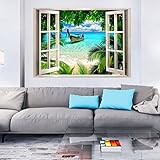 decomonkey | Optische Täuschung | Strand Meer Weitblick Fensterblick 3D Wandillusion ca 140x100 cm Wandbild Fototapete Tapete Poster XXL Vlies Leinwand Bilder Dekoration Panorama TOC0014aM