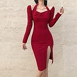 WRYIPSF Slash Neck Trägerlos Sexy Split Slim Big Hip Langarm Party Bodycon Kleid Frauen Kleider Kleidung Vintage,Rot,L