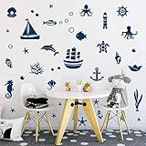 ANHUIB 40Pcs Badezimmer Wandsticker I Wandtattoo für Kinderzimmer I Wandsticker Unterwasserwelt I Cartoon Fische Segelboot Sticker I Tiere Wandtattoo für Jungs Schlafzimmer Babyzimmer Fliesen Dek