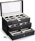 WUWEOT Brillenbox 18 Brillen Sonnenbrillen Aufbewahrungsbox aus Leder Brillen Schatulle mit Schloss und Schlüssel Brillenkasten Brillenkoffer Brillenaufbewahrung für Sonnenbrille & Uhren Schw