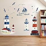 YZNlife Wandsticker Leuchtturm Wandtattoo, Wandaufkleber Wall Sticker Sea Wall Aufkleber, Lighthouse Segelboot Tapetensticker Wall Tattoo, für Junge Mädchen Kinderzimmer Schlafzimmer Deko Blau …