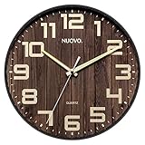 Nuovo Runde Wanduhr aus Holz, geräuschlos und nicht tickend, retro, große Ziffern, für Wohnzimmer, Schlafzimmer, Küche (30 cm)