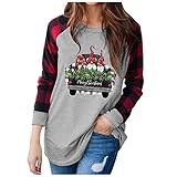 Langarmshirt Damen Merry Christmas Drucken Sweatshirt Langarm Rundhals Casual Loose Tops Shirts Teenager Mädchen Pullover Kariertes Weihnachtsoberteil mit Langen Ä