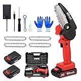 Mini Kettensäge mit Akku 4 Zoll Elektro Akku Kettensäge Tragbare 24v Einhand Kettensäge Astsägen ​mit 2 Akku Und 4 Kette für Gartenbaum AST Holzschneiden Zum,Rote Mini Kettensäg