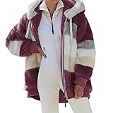 Alueeu Teddymantel Frauen Lang Braun Neu Weinrot Plüschjacke Plüsch Oberbekleidung Kunstpelzjacke Wintermantel Zip Hoodie Teddy Jacke Full Zip Winterjack Coat Fleecejacke Kapuzenmantel Plü