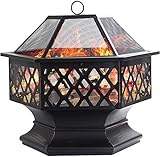 Dawoo Ø 62 Feuerschale für den Außenbereich, sechseckiger Feuerkorb Garten feuerschale,feuerstelle，Metall Feuerstelle mit Schutzhülle Funkenschutz.Multifunktional Fire Pit für Heizung/BBQ G