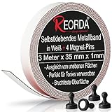 Reorda® Metallband mit Neodym Magneten - Verwendbar für Magnete, Tonies & Tonie Tribüne - Selbstklebendes Ferroband mit verbessertem Schaumstoffkleber für flexiblen & festen Halt (3 Meter, Weiß)