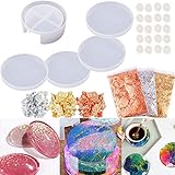 Silikonformen Epoxidharz Untersetzer Rund 4PCS Epoxidharz Formen Untersetzer Set und 1pcs Halter Kunstharz Formen Untersetzer Resin Gießformen mit 3 Gold Flocken für DIY Tassen Gläser M