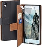 moex Handyhülle für Sony Xperia M4 Aqua - Hülle mit Kartenfach, Geldfach und Ständer, Klapphülle, PU Leder Book Case und Schutzfolie - Dunkelg