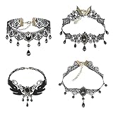 LOOPES 4pcs Gothic Halskette Set Damen Schwarz Spitze Kette Vintage Choker Lolita Kostüm Zubehör Retro Victorian Schmuck Collier für Halloween Maskerade Pfingsten Karneval Fasching Dek