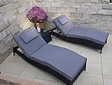 PolyRattan Sonnenliege DEUTSCHE MARKE - EIGNENE PRODUKTION - 8 Jahre GARANTIE auf UV-Beständigkeit Polster Tisch + Glasplatte 2 Sonneliegen Set Belastbar 180Kg Ragnarök-Möbeldesign schwarz Gartenmöb