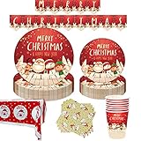 Amycute Weihnachten Partygeschirr Set, 82 Stück Christmas Deko Set, Platten Servietten Partybecher Papier Tischdecke Banner für Weihnachten Christmas Party Deko (20 Gäste)